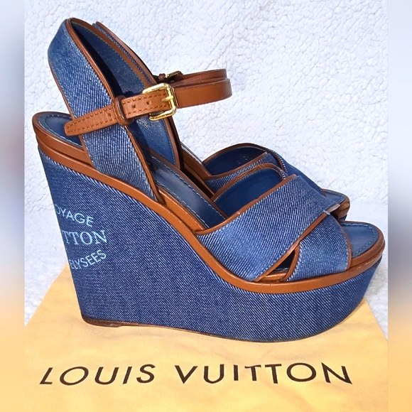 Louis Vuitton Blue Denim Wedge Platform Sandals size 37.5 - Picture 4 of 16
